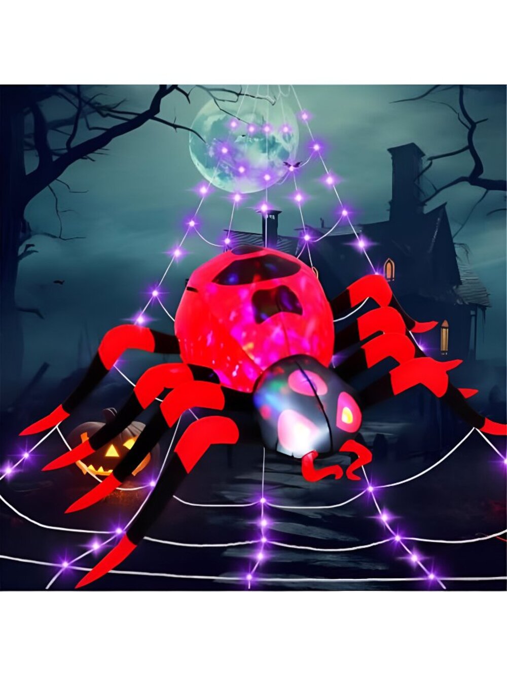 8 FT Giant Halloween Inflatable Spider and Huge Web Lights Decor, Red